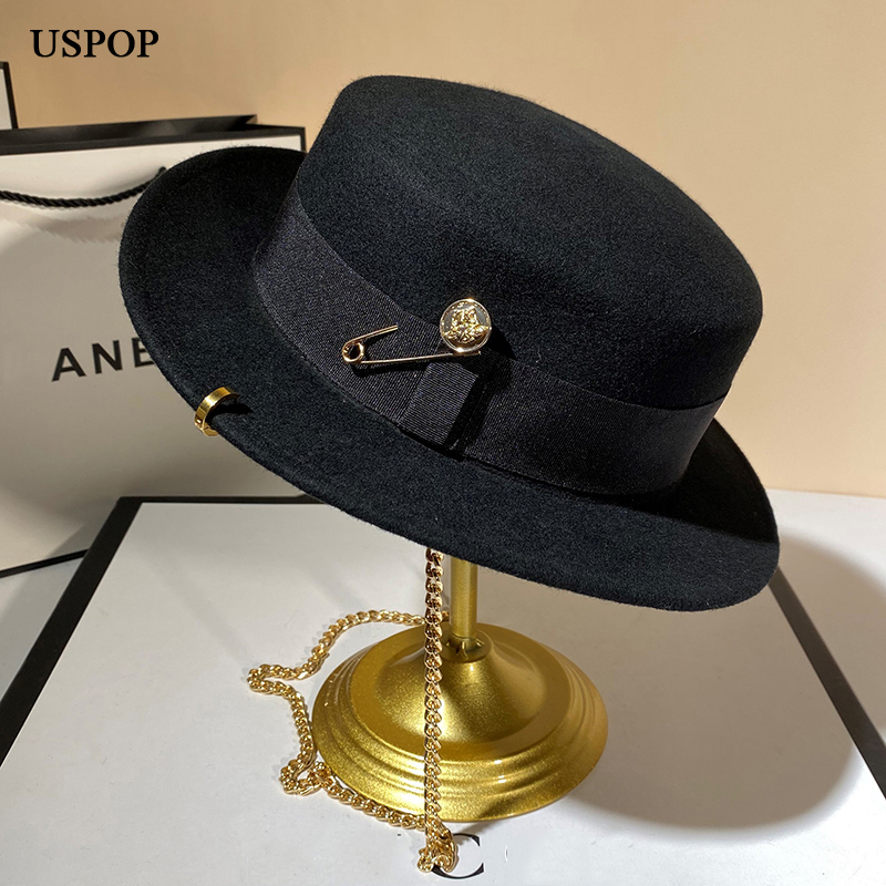 Fedora Hat Wool - USPOP-새로운 겨울 모자 여성 블랙 메탈