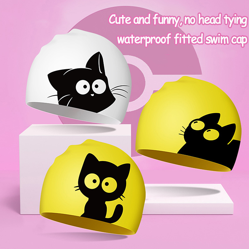 Swim Hat Silicone - 긴 머리 귀를위한 귀여운 고양이 수영