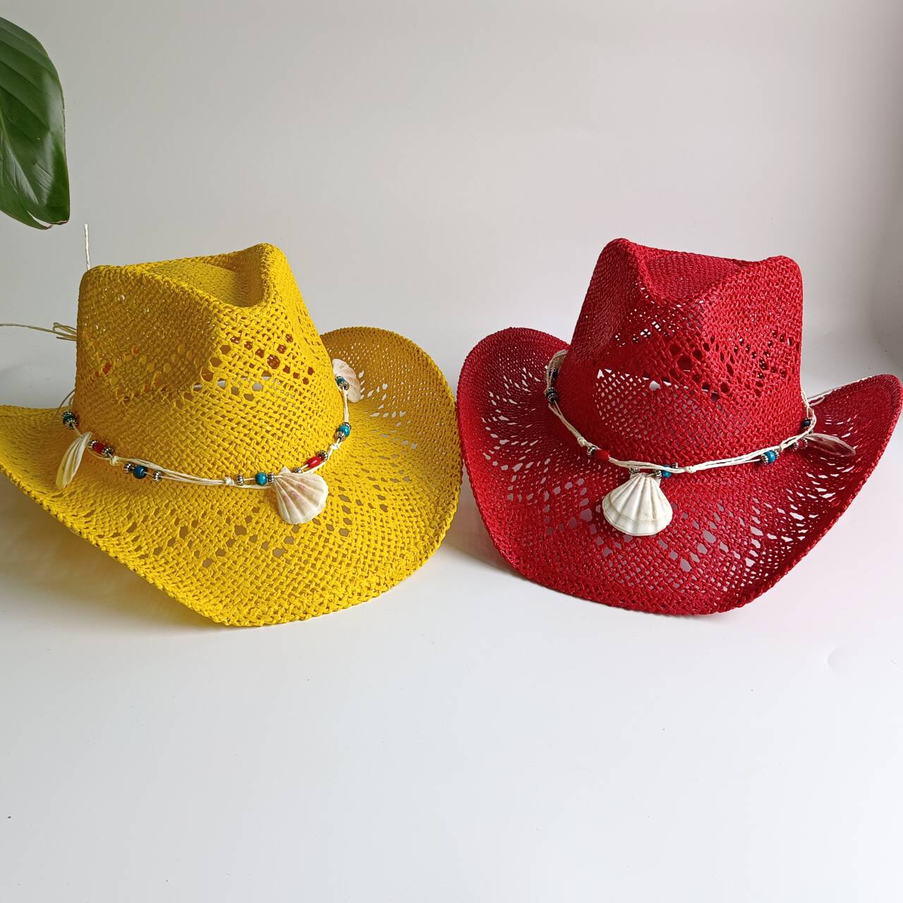Cowboy Hat Straw - 밝은 노란색 카우보이 밀짚모자, 여성/남성용, 조개껍데기와
