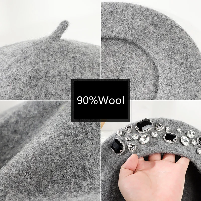 프렌치 베레모 두꺼운 라인스톤 장식 브림리스 보온 장식 - Beret French Wool 리뷰 및 가격
